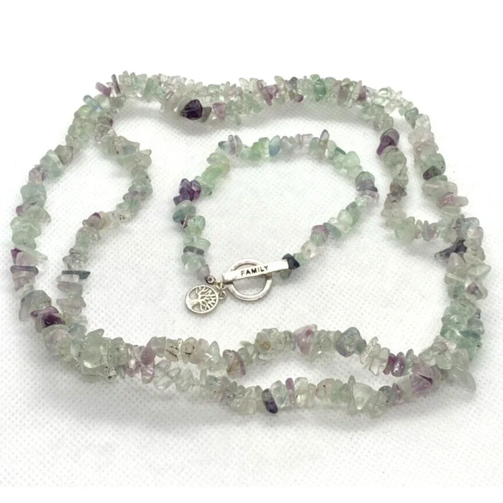 Fluorite Chip Stone 34'' Necklace & Matching 7.5'' Bracelet Set Sterling‎ Silver